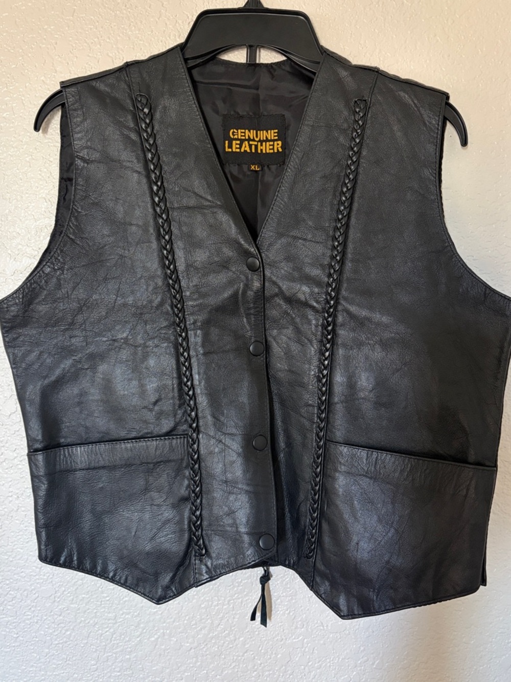 Women’s Genuine Leather Black Braided Biker Vest